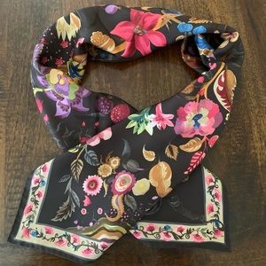 Ferragamo silk scarf with dark brown background & multi color flower pattern
